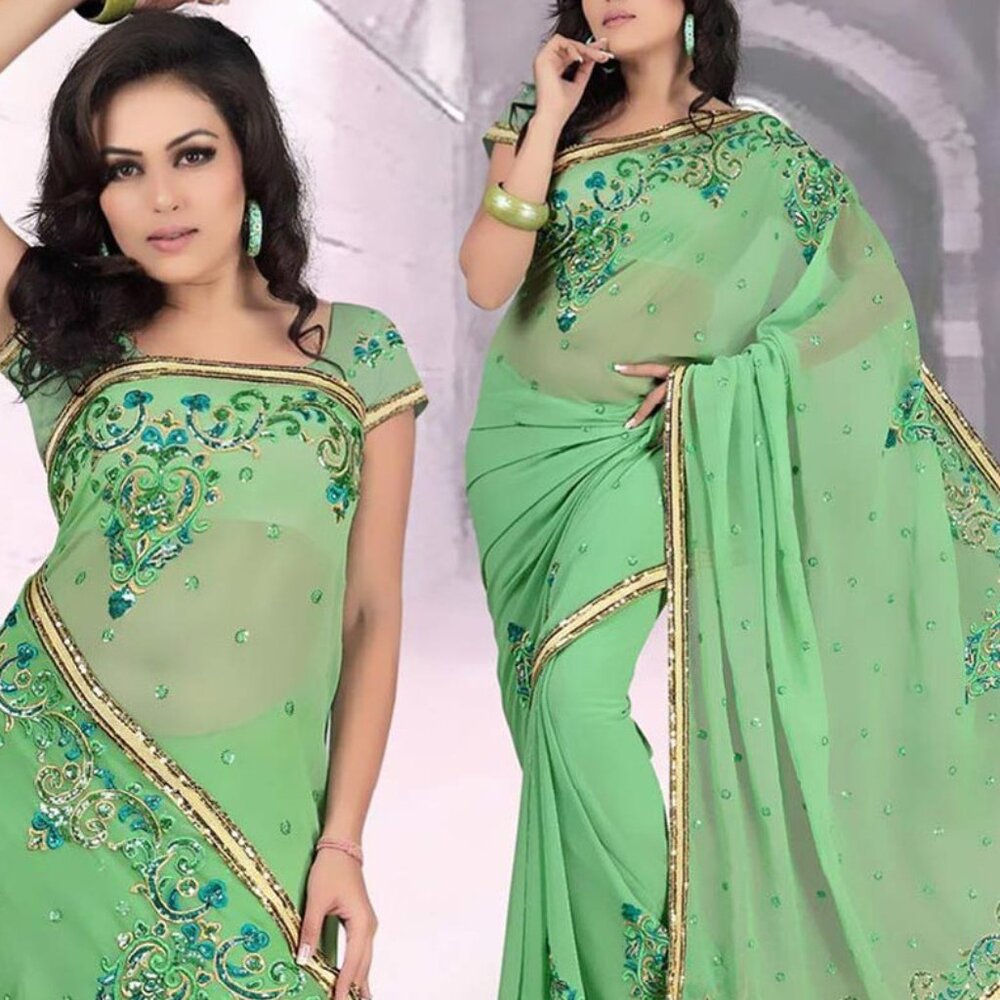 Indian Saree Light Green Gold Beaded Embroidered Party Wear w/ Blouse Bollywood